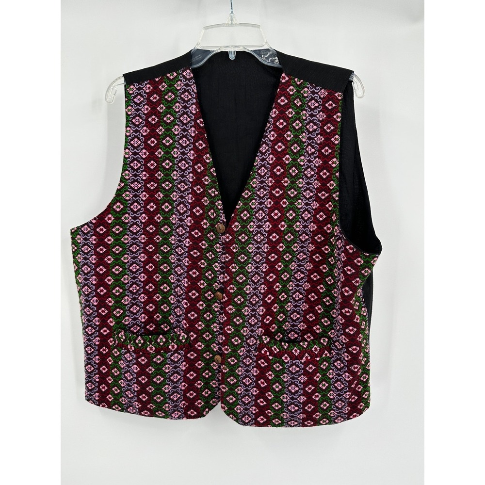 Vintage Womens Boho Tapestry Vest Size XL Woven Geometric Eclectic Layering Folk